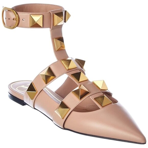 Valentino Roman Stud Leather Ankle Strap Flat Women's Pink 36.5 - Picture 1 of 6